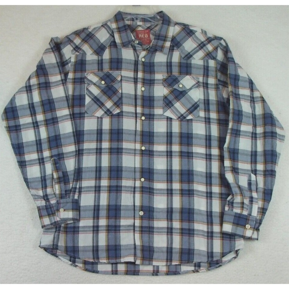 Wrangler Jean Co. Red Tag Mens L Pearl Snap Blue Plaid Long Sleeve Shirt Western